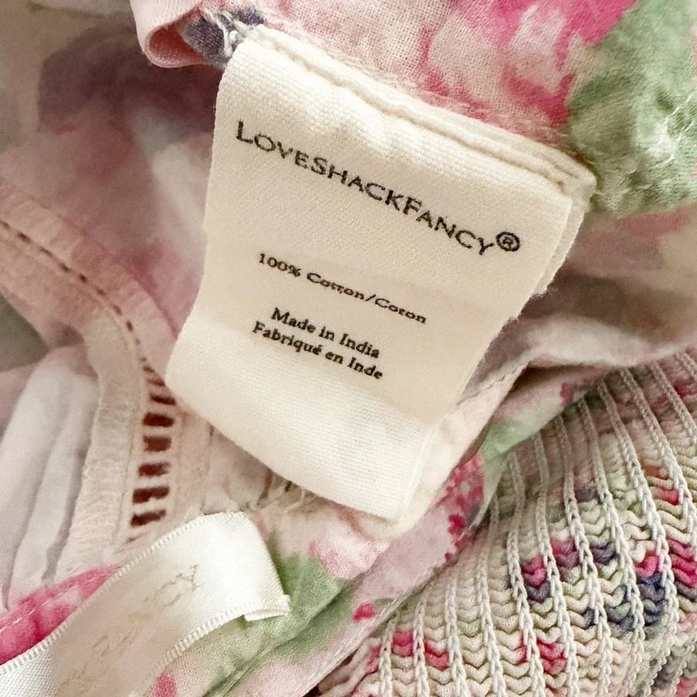 LOVESHACKFANCY | Karsten Top Pink Floral Puff Sleeve Smocked Crop Blouse | Large